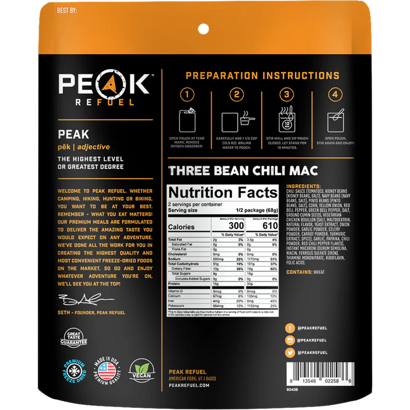 Three Bean Chili Mac (2 Servings), Peak Refuel Three Bean Chili Mac (2 Servings) back of package