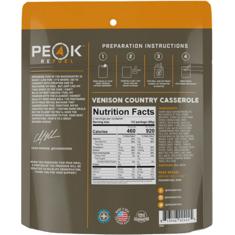 Venison Country Casserole (2 Servings), Peak Refuel Venison Country Casserole (2 Servings) back of package