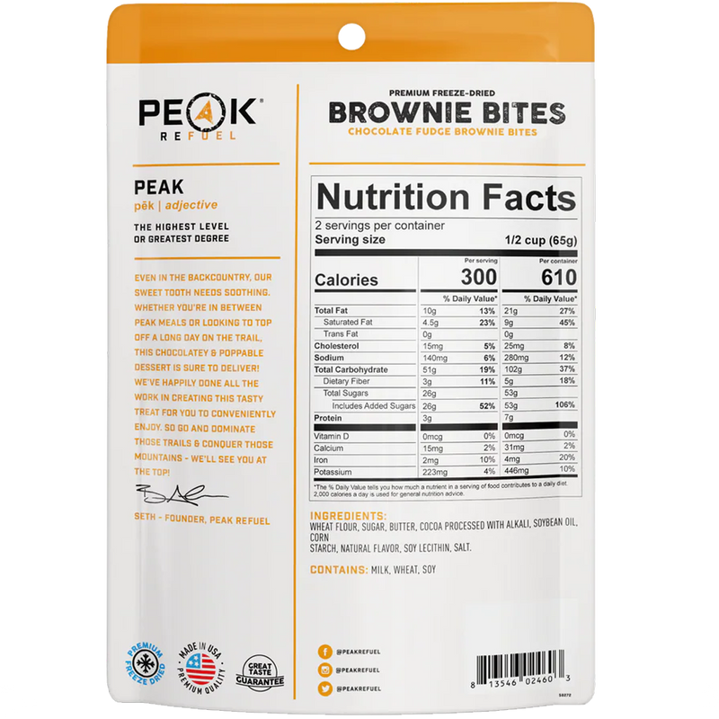 Chocolate Fudge Brownie Bites (2 Servings), Peak Refuel Chocolate Fudge Brownie Bites (2 Servings) back of package