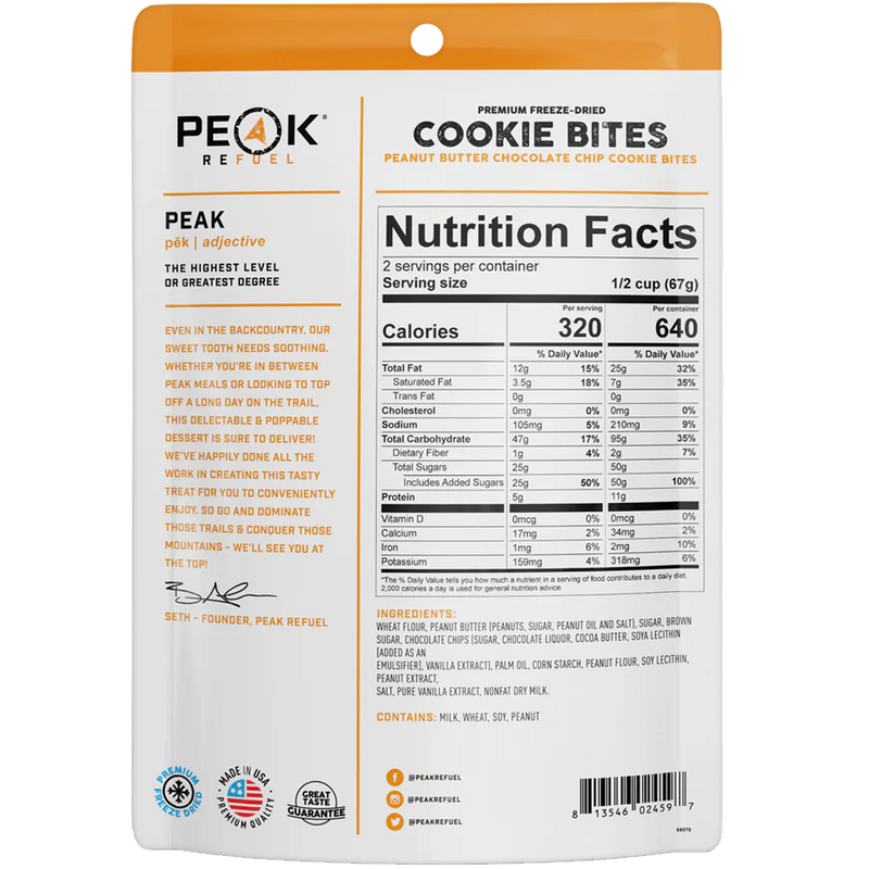 Peanut Butter Chocolate Chip Cookie Bites (2 Servings), Peak Refuel Peanut Butter Chocolate Chip Cookie Bites (2 Servings) back of package