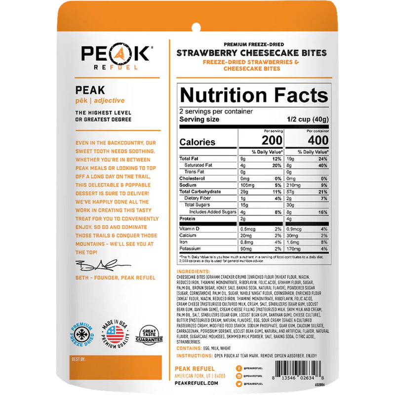 Strawberry Cheesecake Bites (2 Servings), Peak Refuel Strawberry Cheesecake Bites (2 Servings) back of package