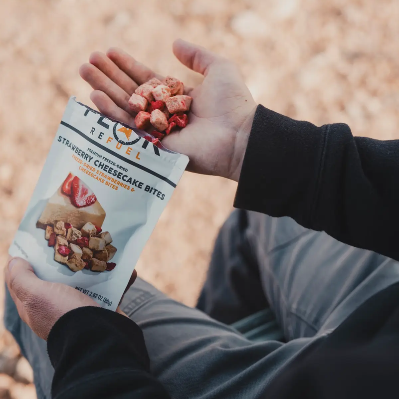 Strawberry Cheesecake Bites (2 Servings), Peak Refuel Strawberry Cheesecake Bites (2 Servings) in hand