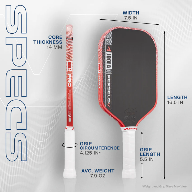 Perseus Pro V Ben Johns - 14 mm, Joola Perseus Pro V Pickleball Paddle 14mm spec sheet