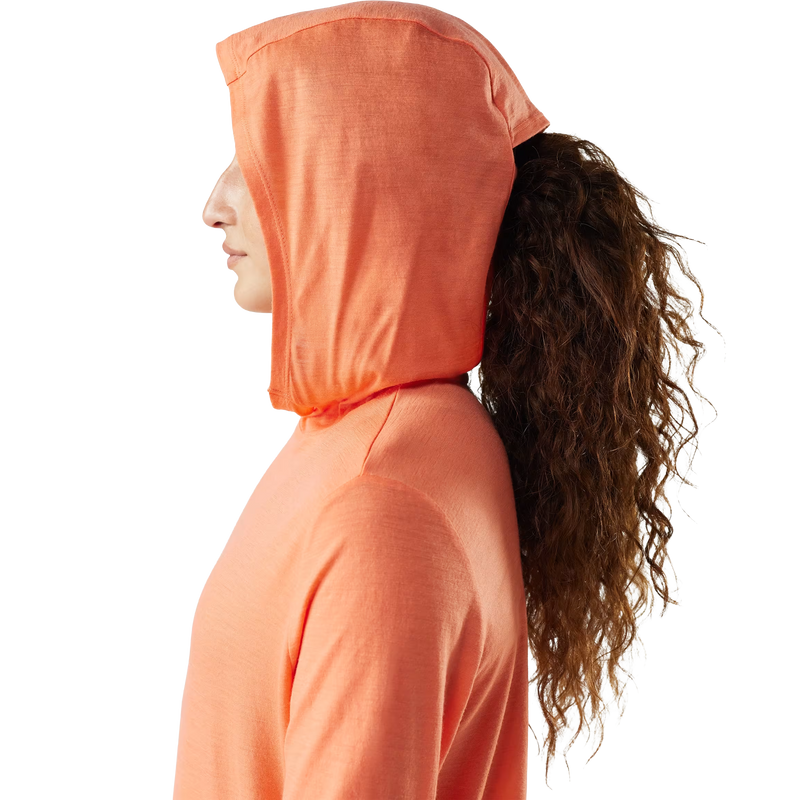 Women's Merino Sun Hoodie, Smartwool Women's Merino Sun Hoodie in P35-Coral Reef hood