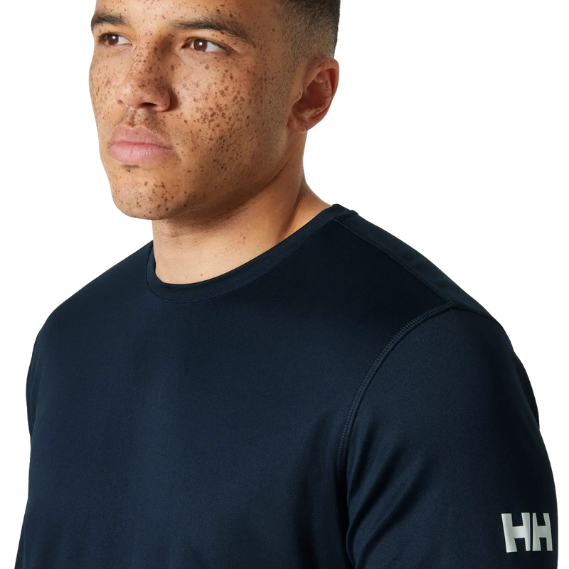Men's HH Tech Crew Long Sleeve 2.0, Helly Hansen Tech Crew Long Sleeve 2.0 in Navy angled view with logo