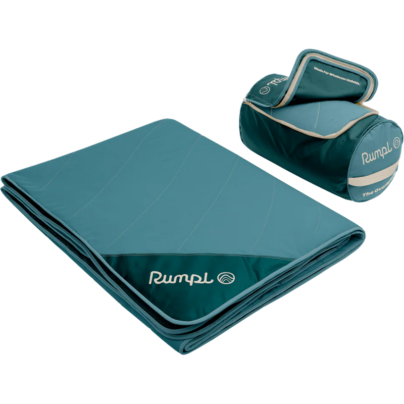 Overland Mat, Rumpl Overland Mat in Sage Green folded with bag