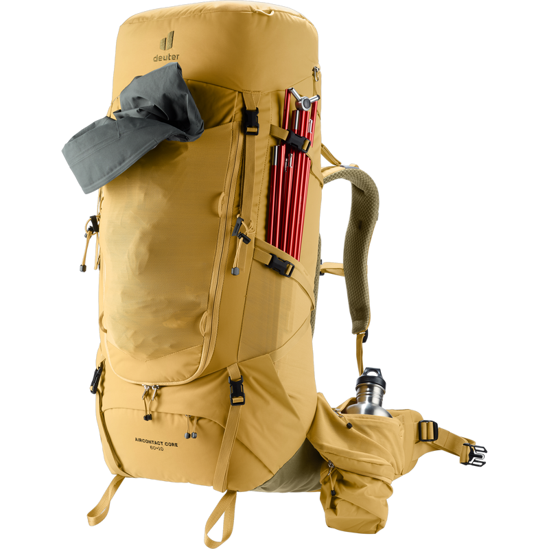 Aircontact Core 60+10, Deuter Aircontact Core 60+10 in Savanna-Nori with tent poles