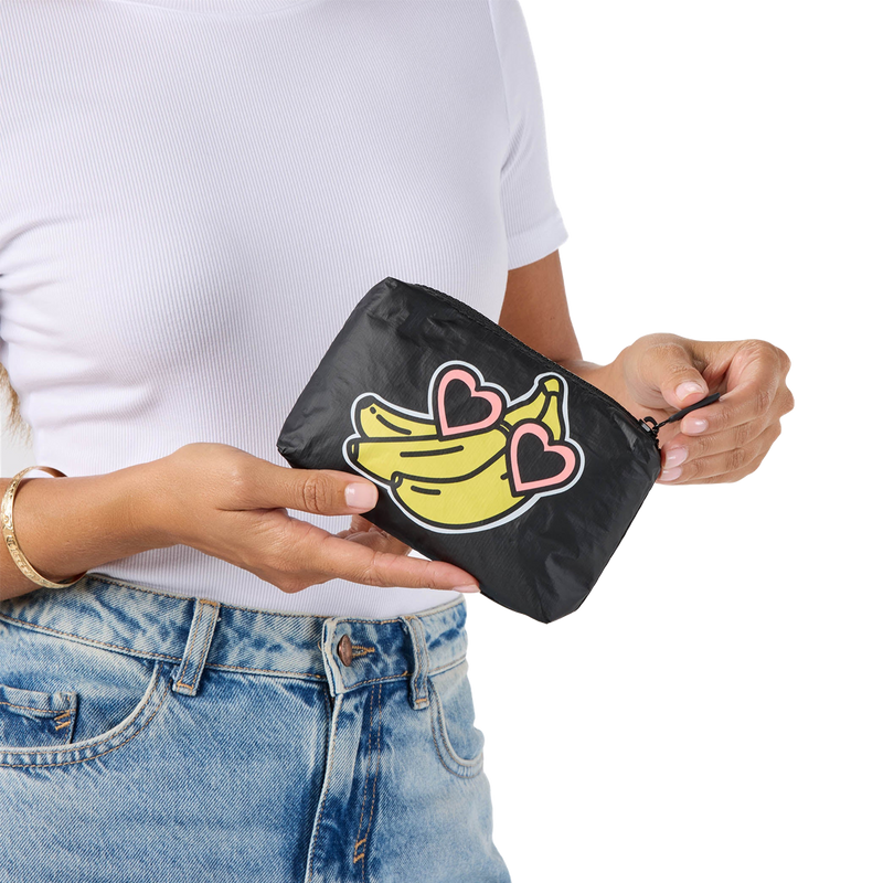 Aloha Collection Gone Bananas Kitty Mini Pouch banana facing side with model