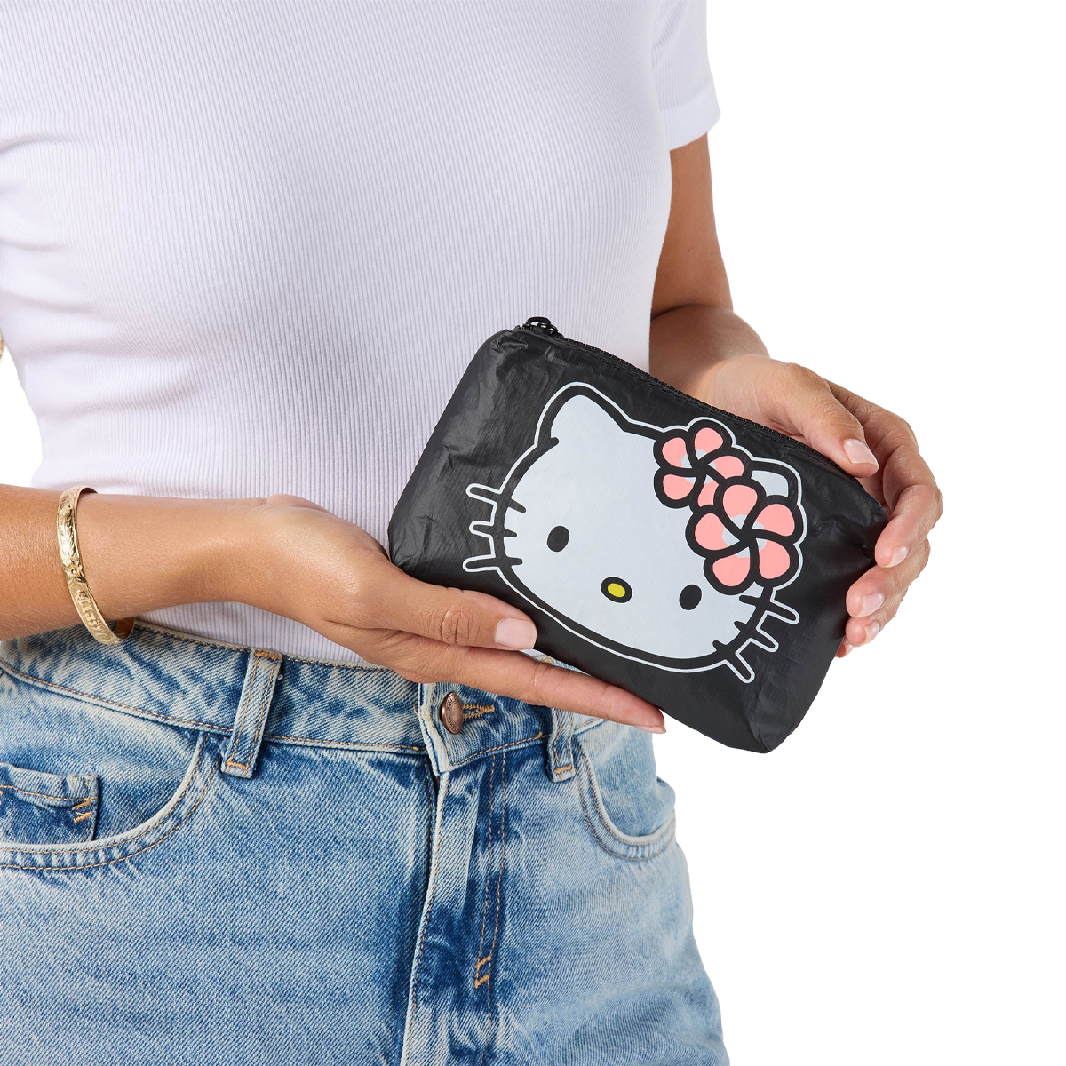 Aloha Collection Gone Bananas Kitty Mini Pouch hello kitty facing side with model