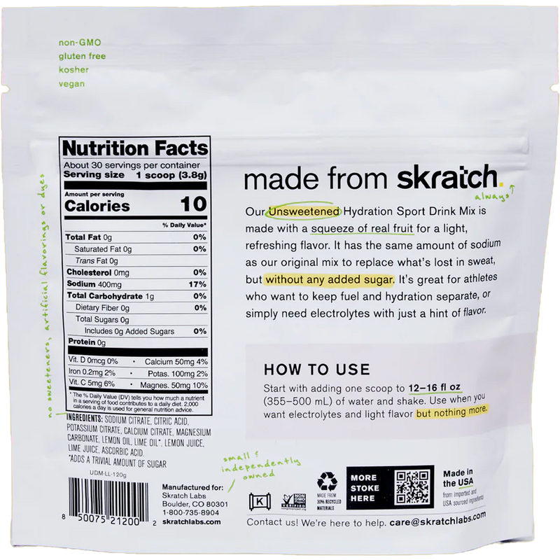 Unsweetened Hydration Sport Drink Mix (30 Servings), Skratch Labs Unsweetened Hydration Sport Drink Mix (30 Servings) back of package