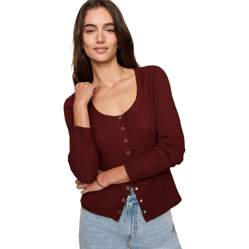 Women's Albany Waffle Button Up Top, Z Supply Women's Albany Waffle Button Up Top in Velvet Rouge on model