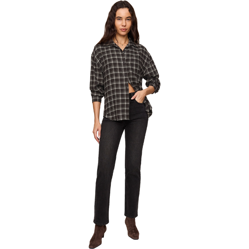 Women's River Plaid Button Up, Z Supply Women's River Plaid Button Up in Ash Black full view on model