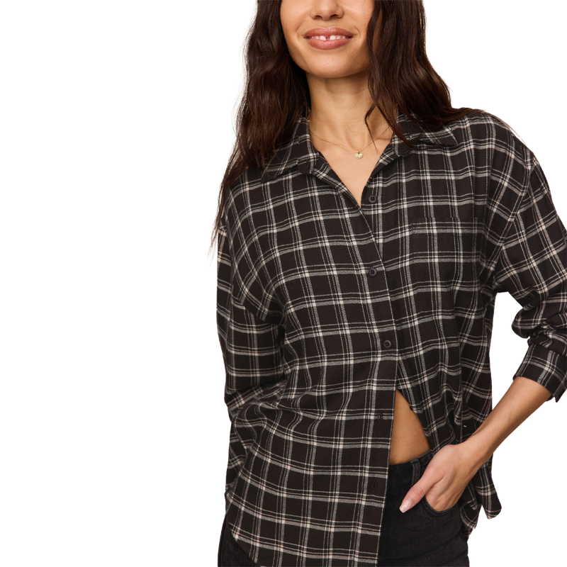 Women's River Plaid Button Up, Z Supply Women's River Plaid Button Up in Ash Black on model