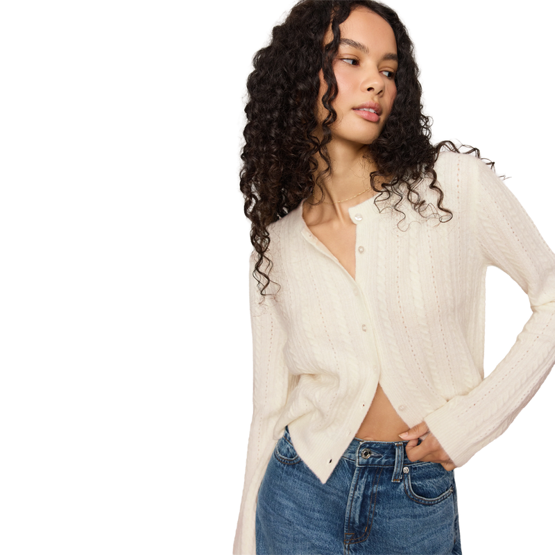 Women's Medina Pointelle Cardigan, Z Supply Women's Medina Pointelle Cardigan in Cloud on model unbuttoned