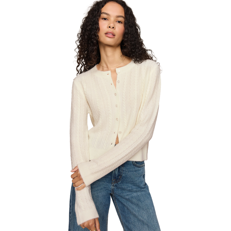Women's Medina Pointelle Cardigan, Z Supply Women's Medina Pointelle Cardigan in Cloud on model front view