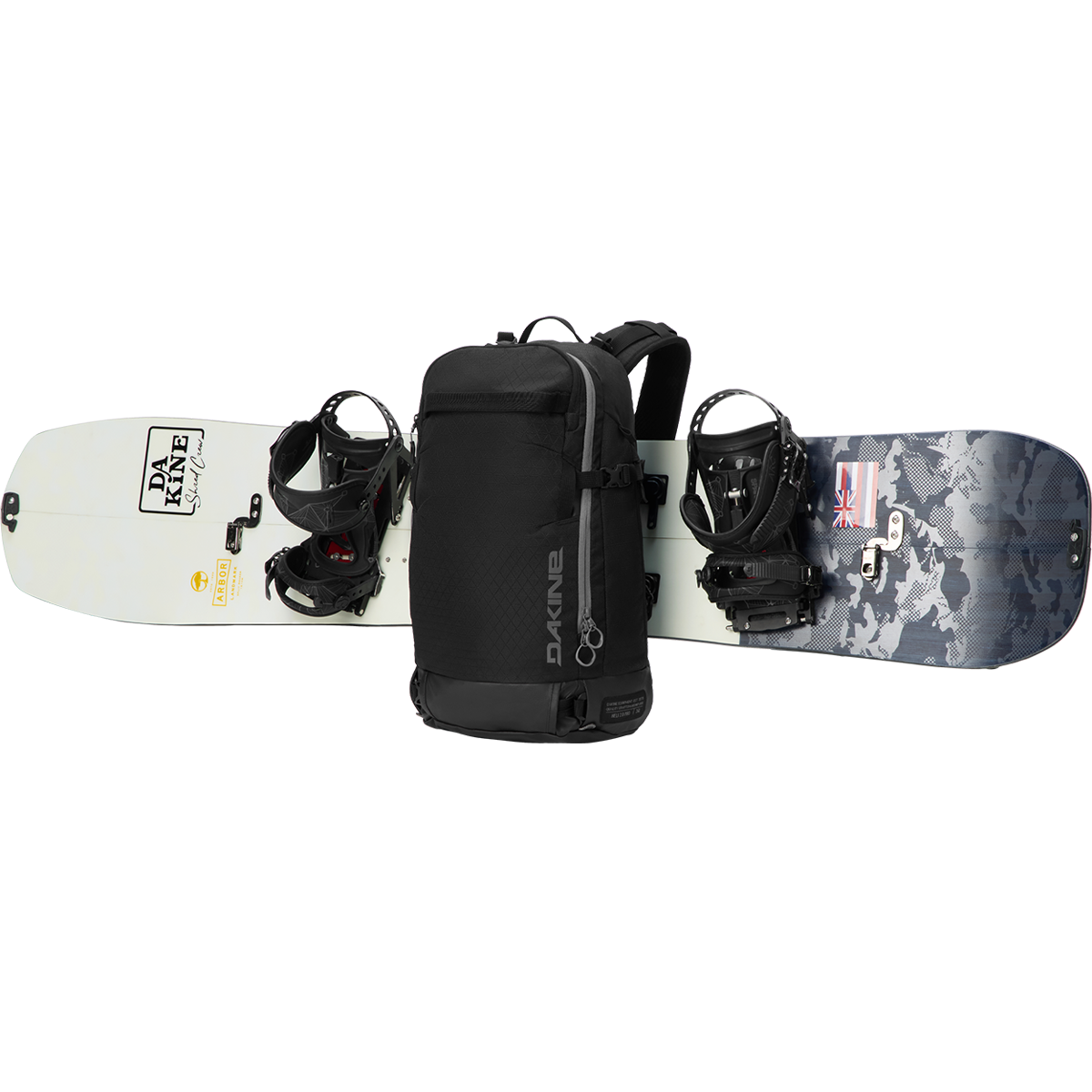 Dakine Heli 2.0 Pro Backpack snowboard strapped on bag