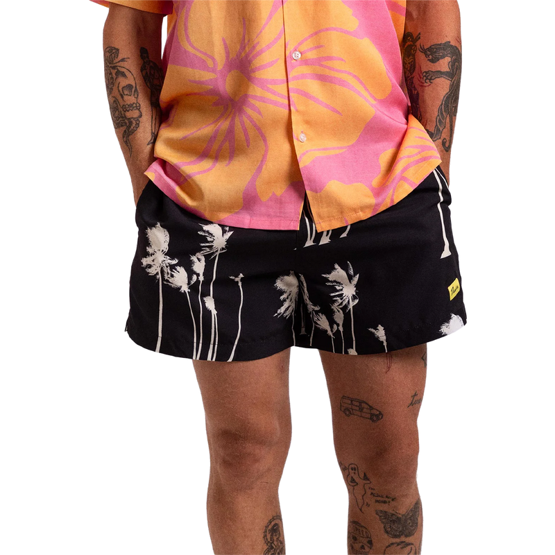 Men's Hurricane Palm Swim Short, Duvin Design Men's Hurricane Palm Swim Short in black on model