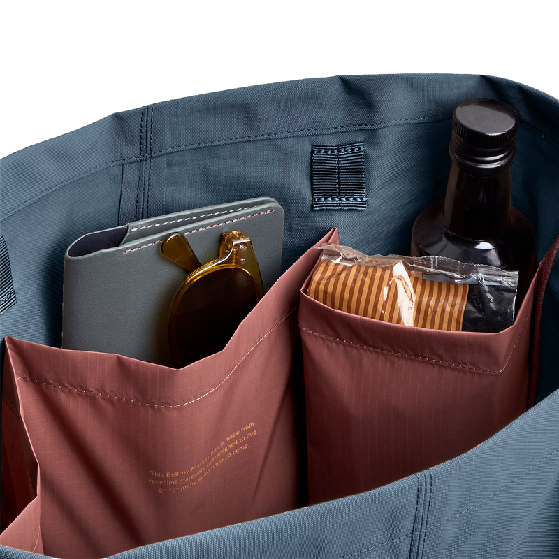 Market Tote, Bellroy Market Tote in Blue Steel with with tote filled and pocket detail