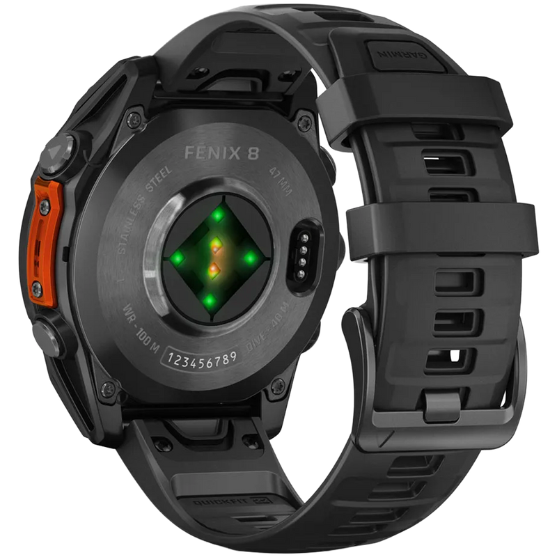 Fenix 8 47mm - Slate Gray Black, Garmin Fenix 8 47mm Slate Gray Black back of watch with HR sensor detail