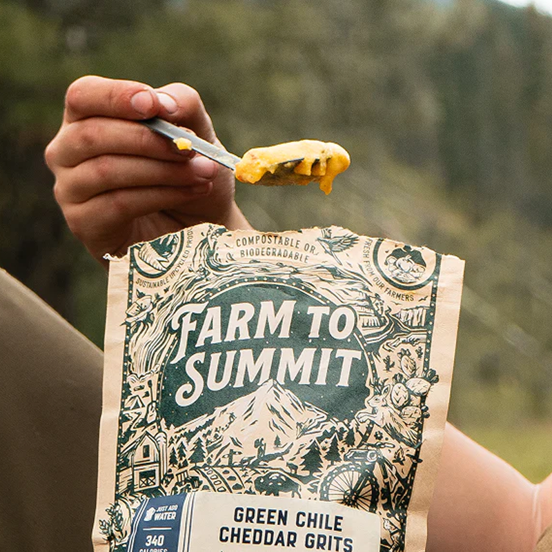 Green Chile Cheddar Grits (2 servings), Farm To Summit Green Chile Cheddar Grits on spoon