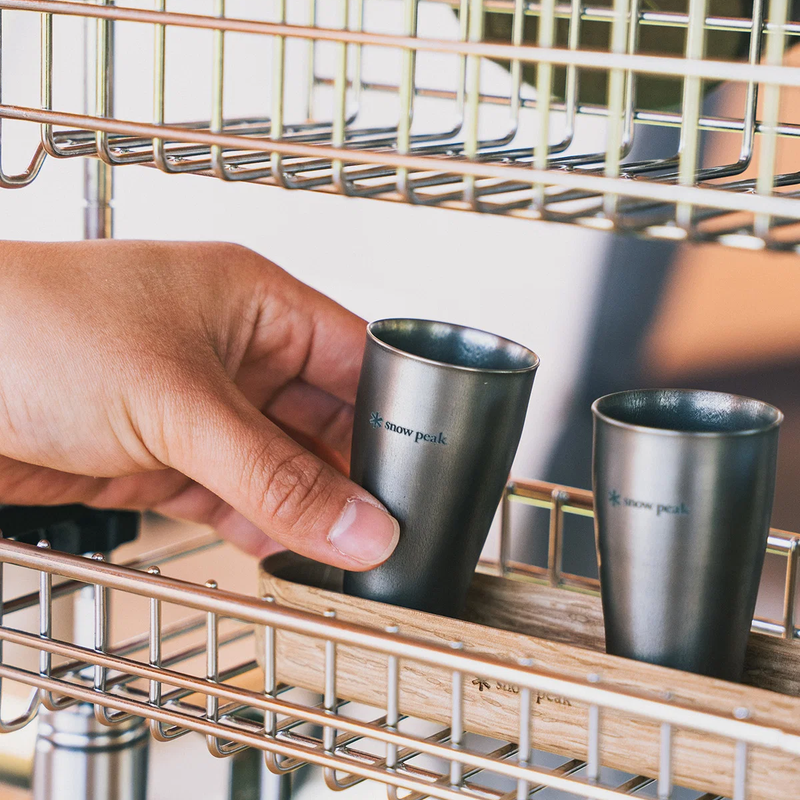 Titanium Shot Glass Duo, Snow Peak Titanium Shot Glass Duo in rack with model