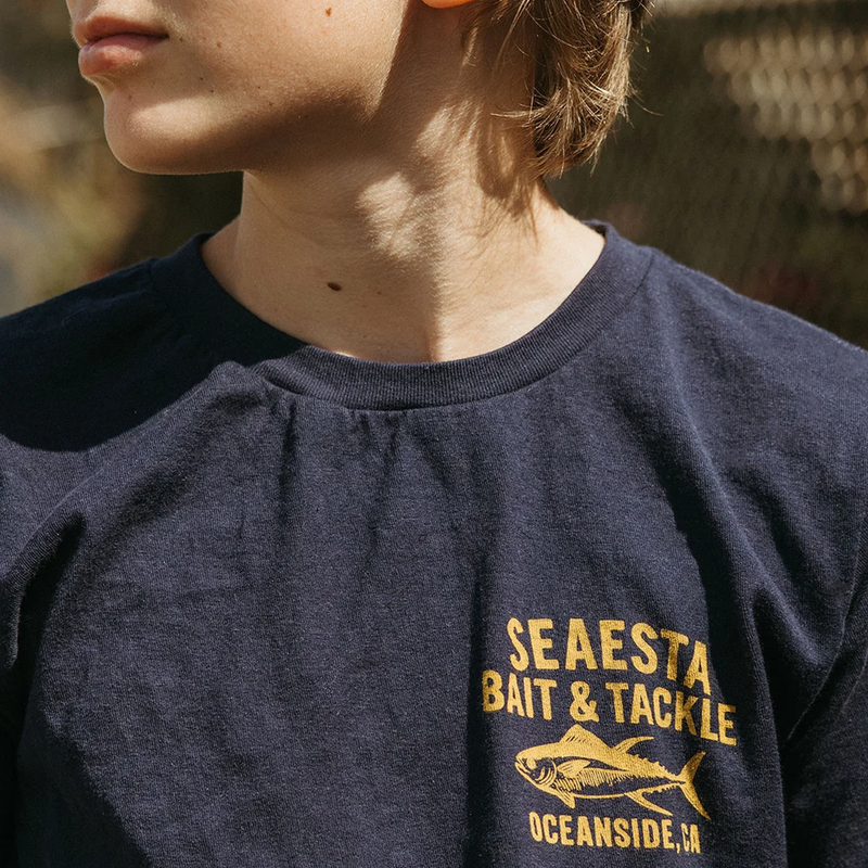Youth Bait and Tackle Tee, Seaestra Youth Bait and Tackle Tee in Navy on model
