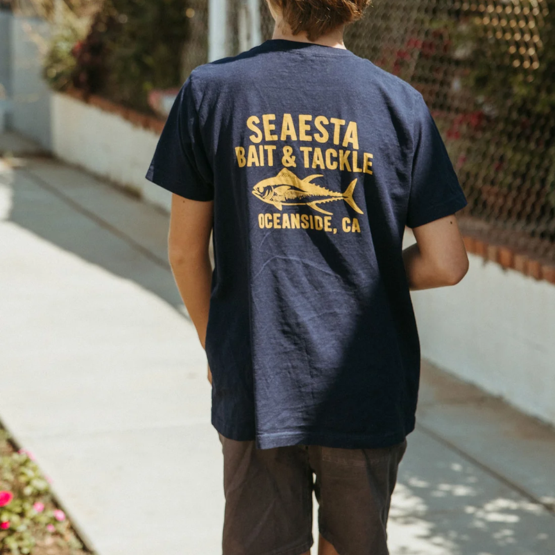 Youth Bait and Tackle Tee, Seaestra Youth Bait and Tackle Tee in Navy back view on model