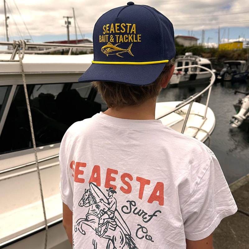 Youth Bait and Tackle Hat, Seaesta Youth Bait and Tackle Hat in Navy on model