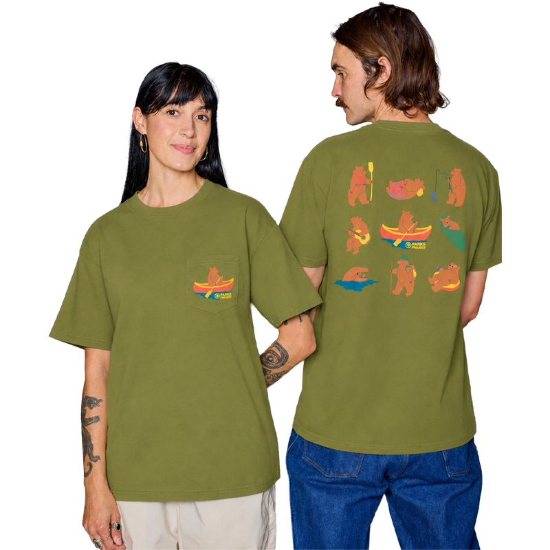 Bears at Camp Pocket Tee, Parks Project Bears at Camp Pocket Tee in Olive on both male and female models