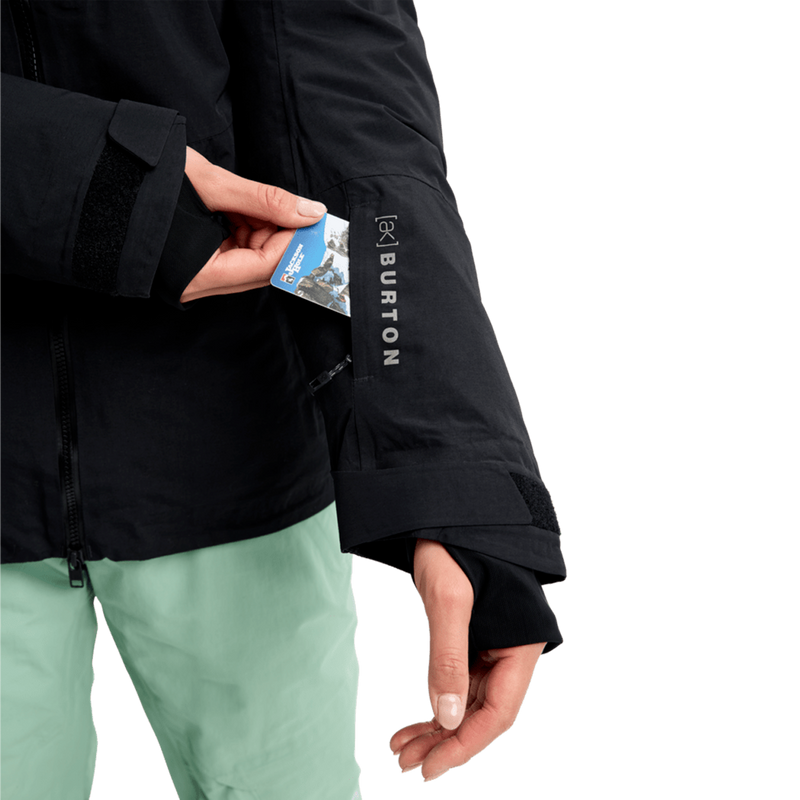 Women's AK Flare 2L Down GTX Down Jacket, Burton Women's AK Flare 2L Down GTX Down Jacket in True Black with Sippered sleeve pass pocket detail