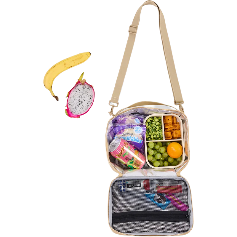 Hana Hou Lunch Box, Aloha Collection Hana Hou Lunch Box in Creme Dune willed with lunch 