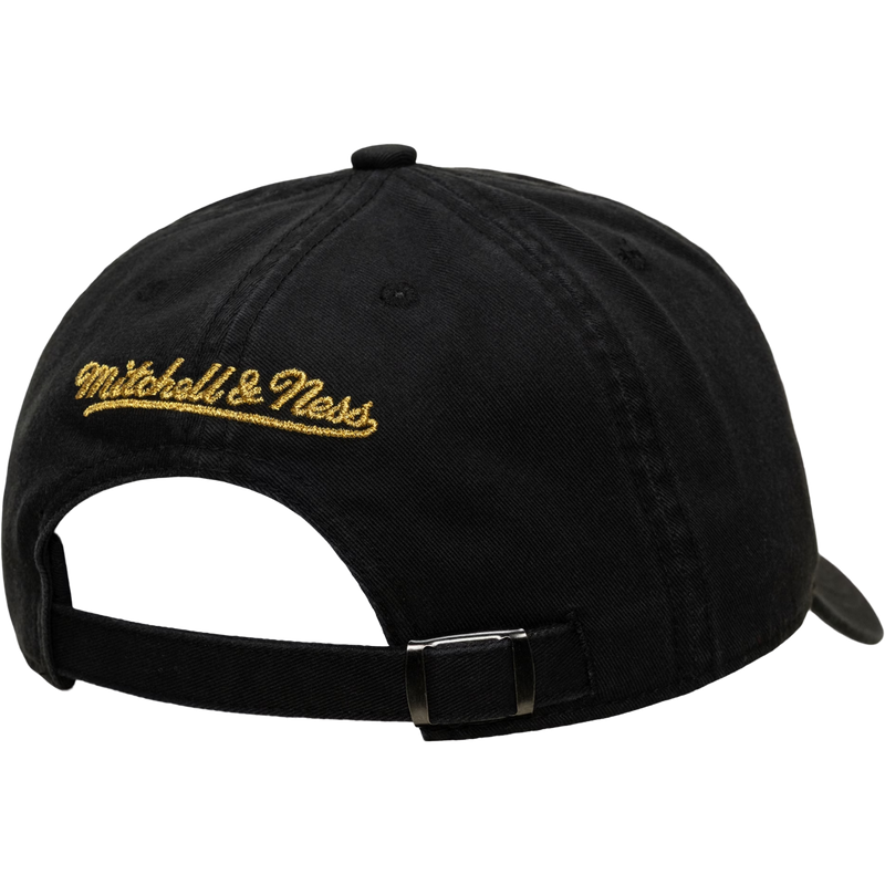 Warriors Black and Gold Snapback Hardwood Classics, Mitchell and Ness Warriors Black and Gold Snapback Hardwood Classics in Black back view with embroidered detail