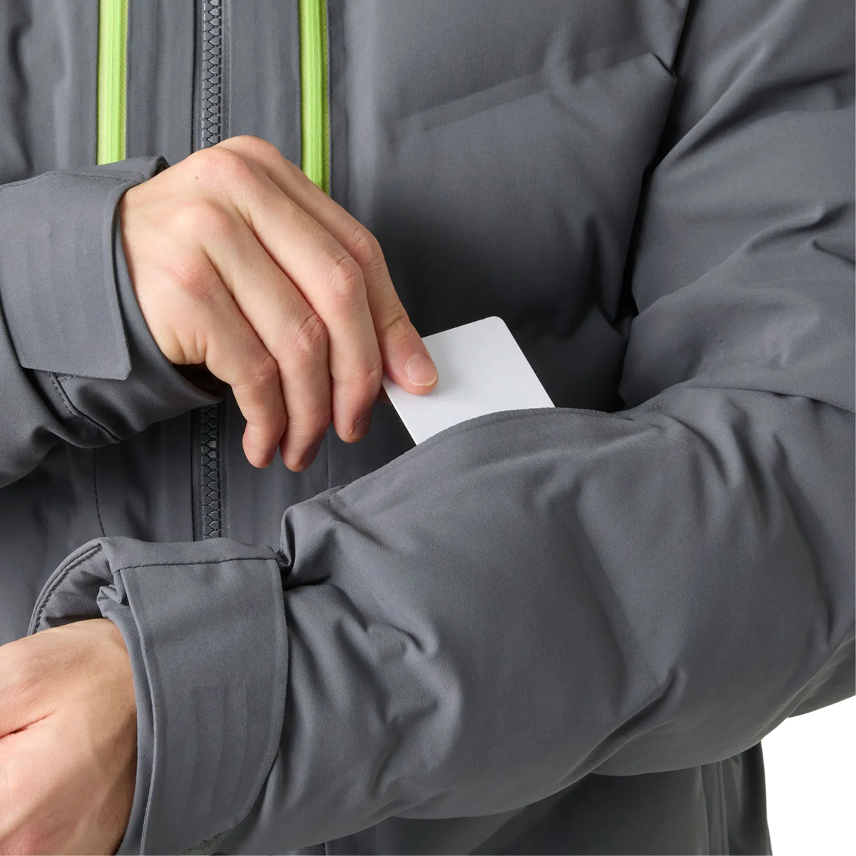 Helly Hansen Men's Alpha Puffy Jacket in Thunder Grey ski pass pocket detail