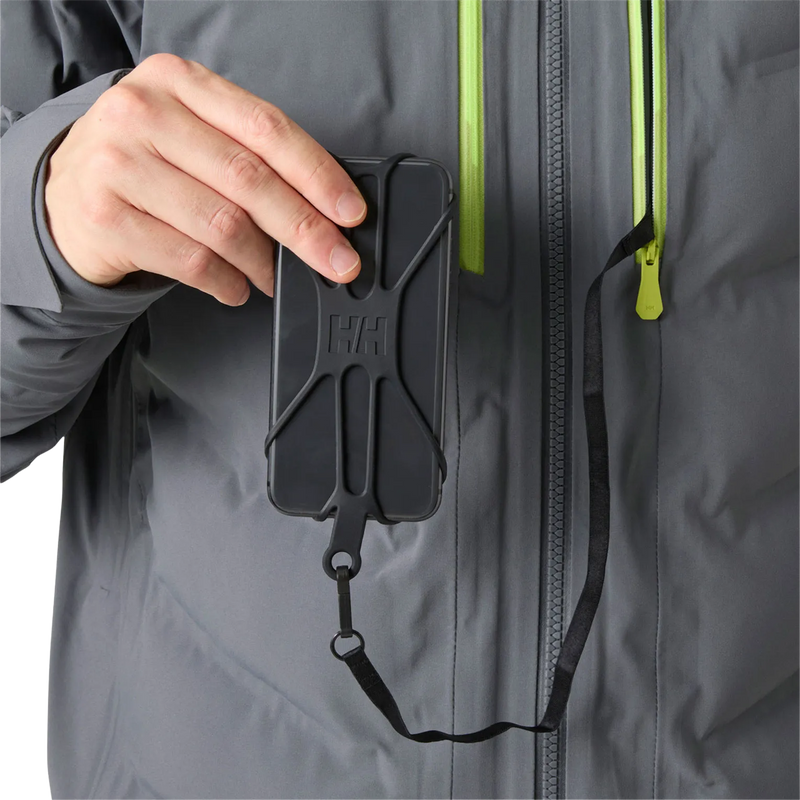 Helly Hansen Men's Alpha Puffy Jacket in Thunder Grey phone holder insde pocket strap