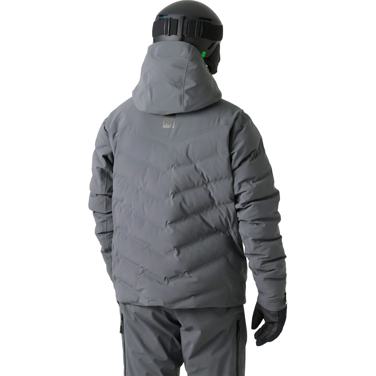 Helly Hansen Men's Alpha Puffy Jacket in Thunder Grey back view on model