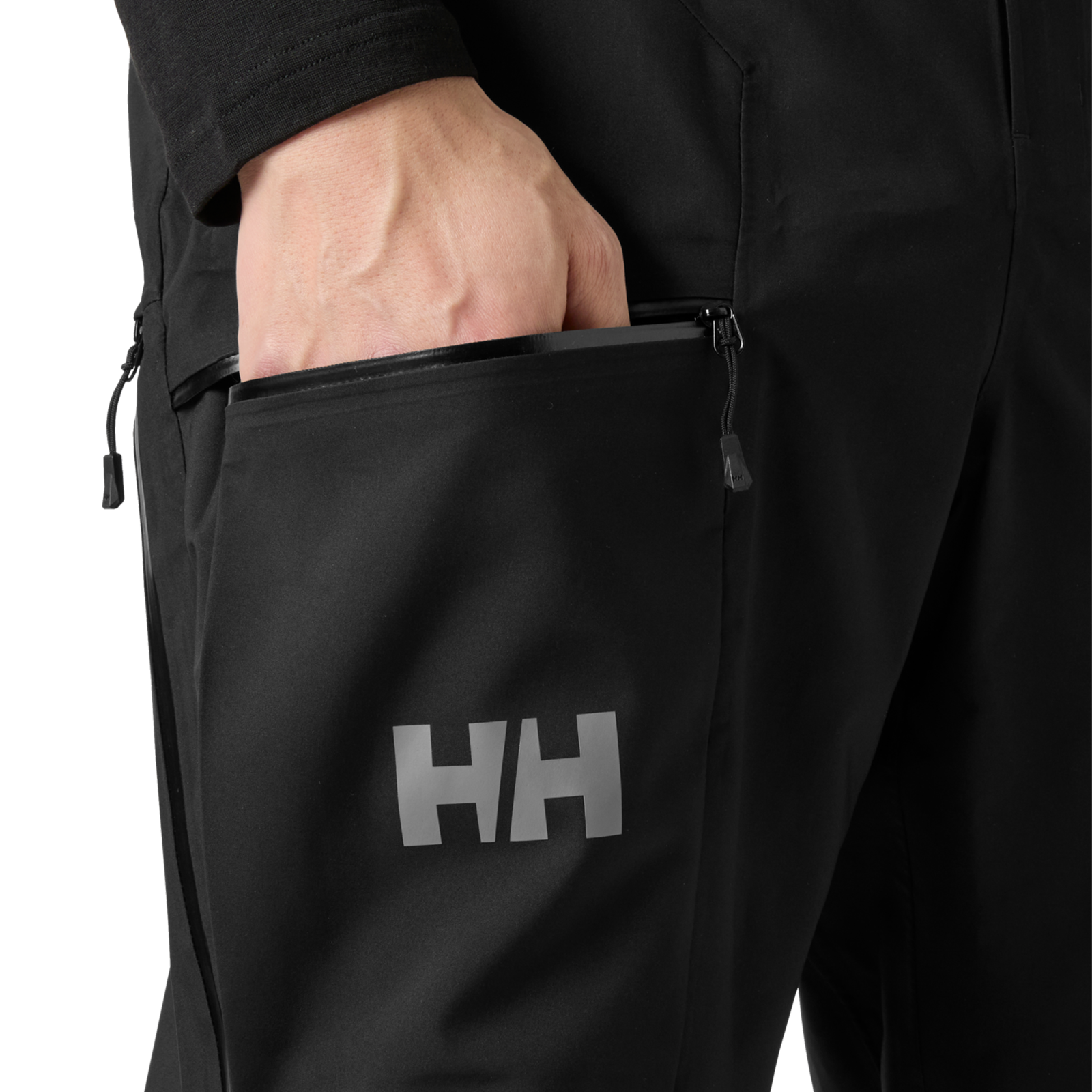 Helly Hansen Men's Verglas Backcountry Bib Shell Pants hand in zippered thigh pocket