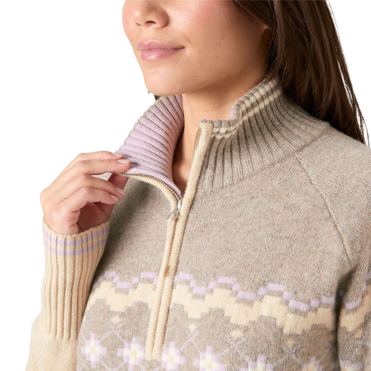 Helly Hansen Women's Apres Knit Sweater in Elmwood Melange with zipper and collar detail
