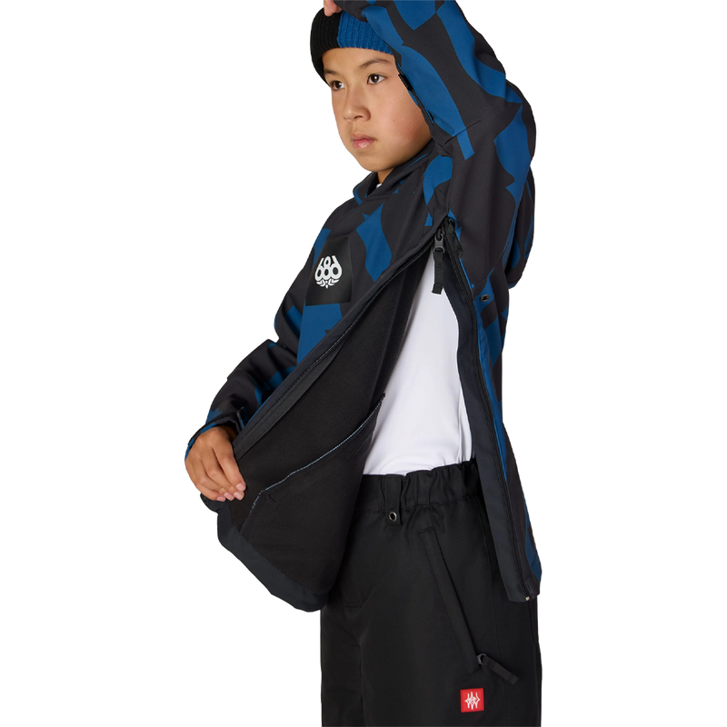 Youth Waterproof Hoody, 686 Youth Waterproof Hoody in Blue Ash Shapes with side zipper detail