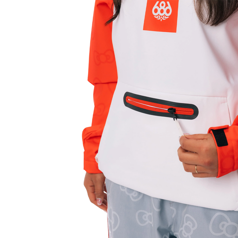 Women's Hello Kitty Waterproof Hoody, 686 Women's Hello Kitty Waterproof Hoody in Hello Kitty White Red with pocket zipper detail