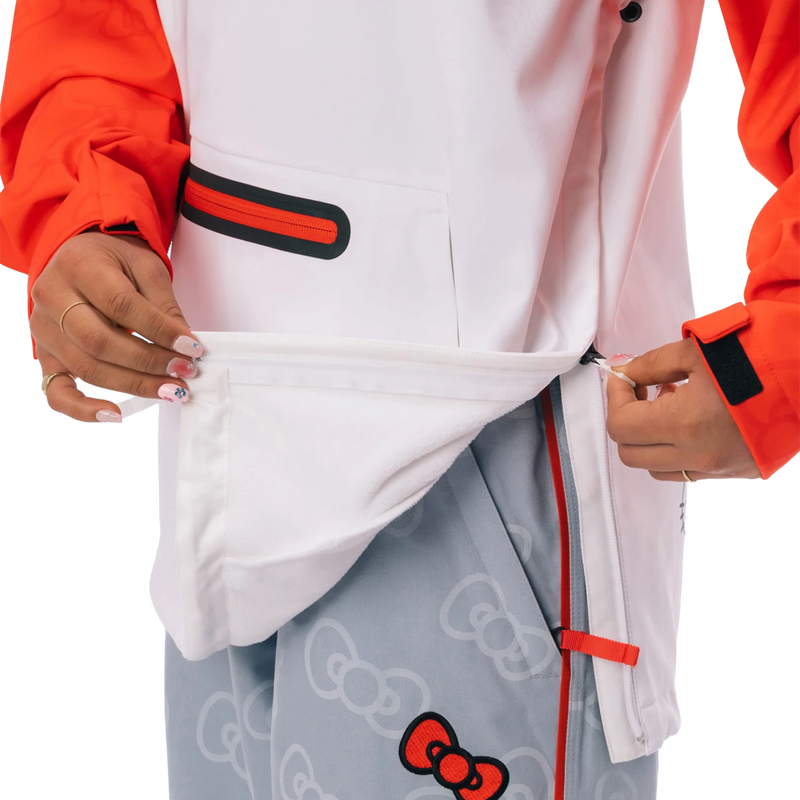 Women's Hello Kitty Waterproof Hoody, 686 Women's Hello Kitty Waterproof Hoody in Hello Kitty White Red lateral zipper detail