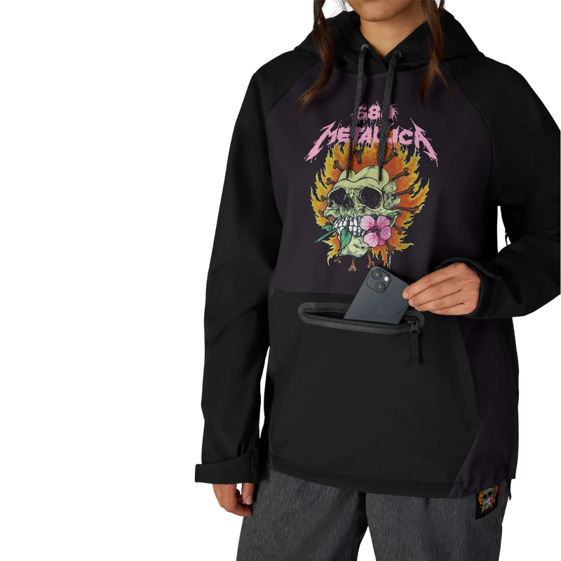 Women's Metallica Waterproof Hoody, 686 Women's Metallica Waterproof Hoody in Metallica Black with front pocket detail