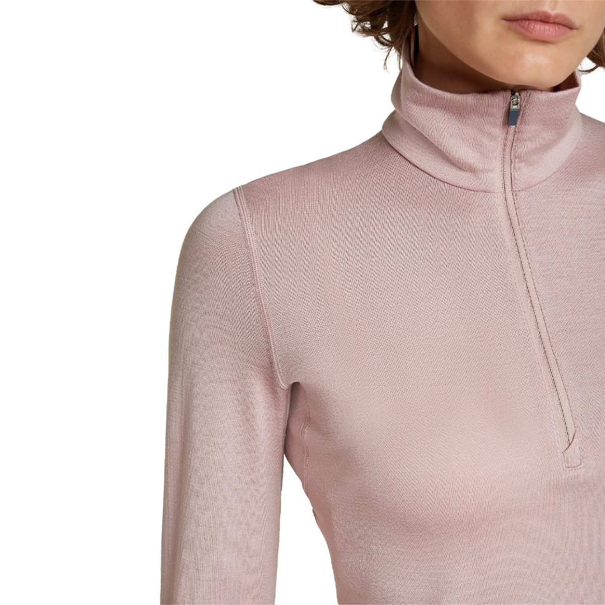 Helly Hansen Women's Merino 260 Oasis Long Sleeve Half Zip in Pink Quartz with zipper detail