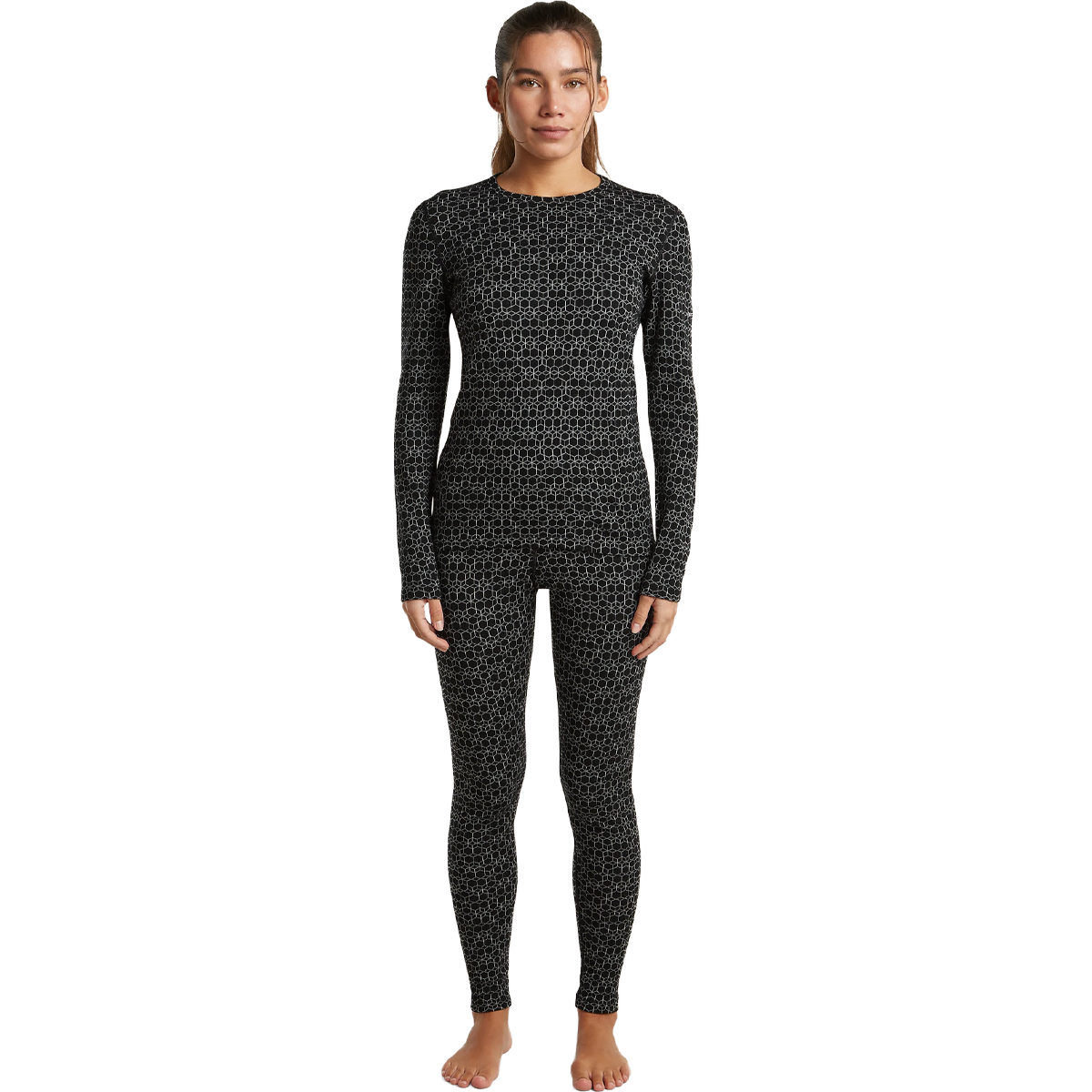 Helly Hansen Women's Merino 260 Oasis Vertex High Rise Leggings in Black Snow full view on model
