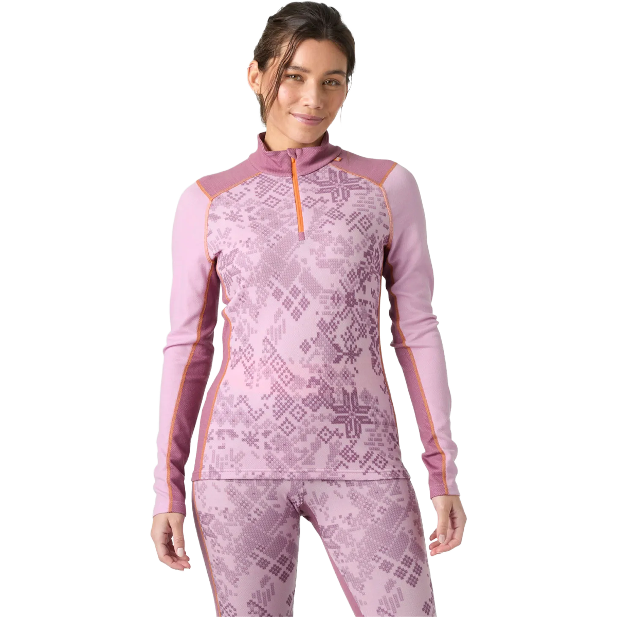 Helly Hansen Women's Lifa Merino Midweight Graphic 1/2 Zip in Cherry Blossom on model