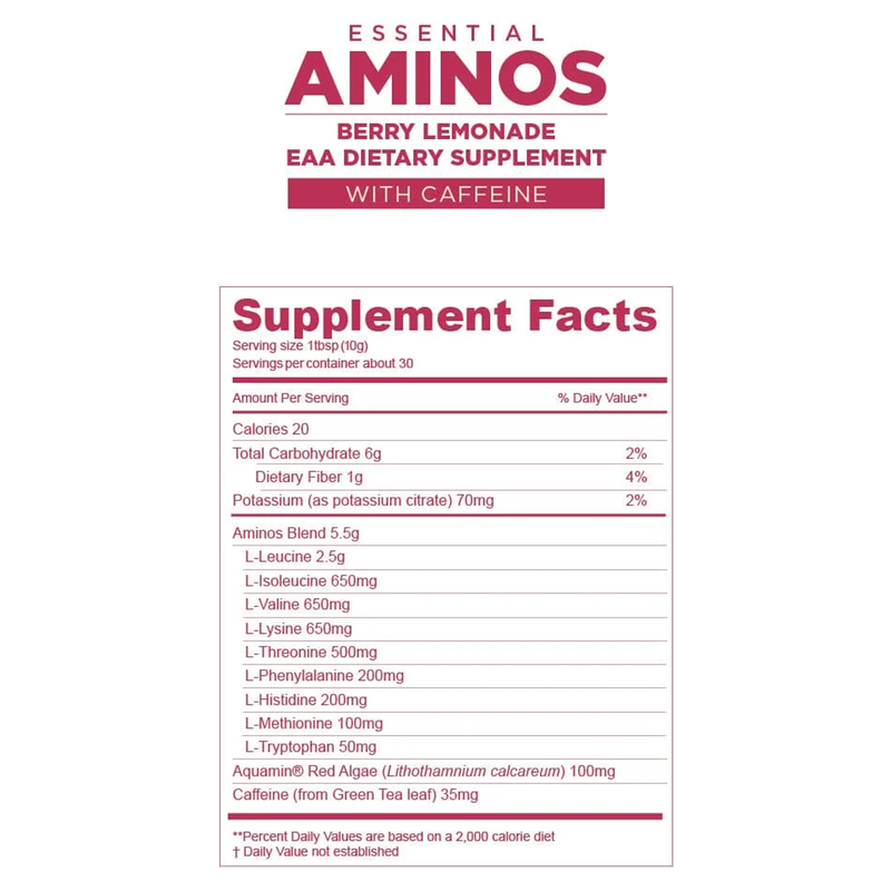 Essential Aminos (30 Servings), Gnarly Sports Nutrition Essential Aminos (30 Servings) Berry Lemonade + Caffeine Nutrition Facts