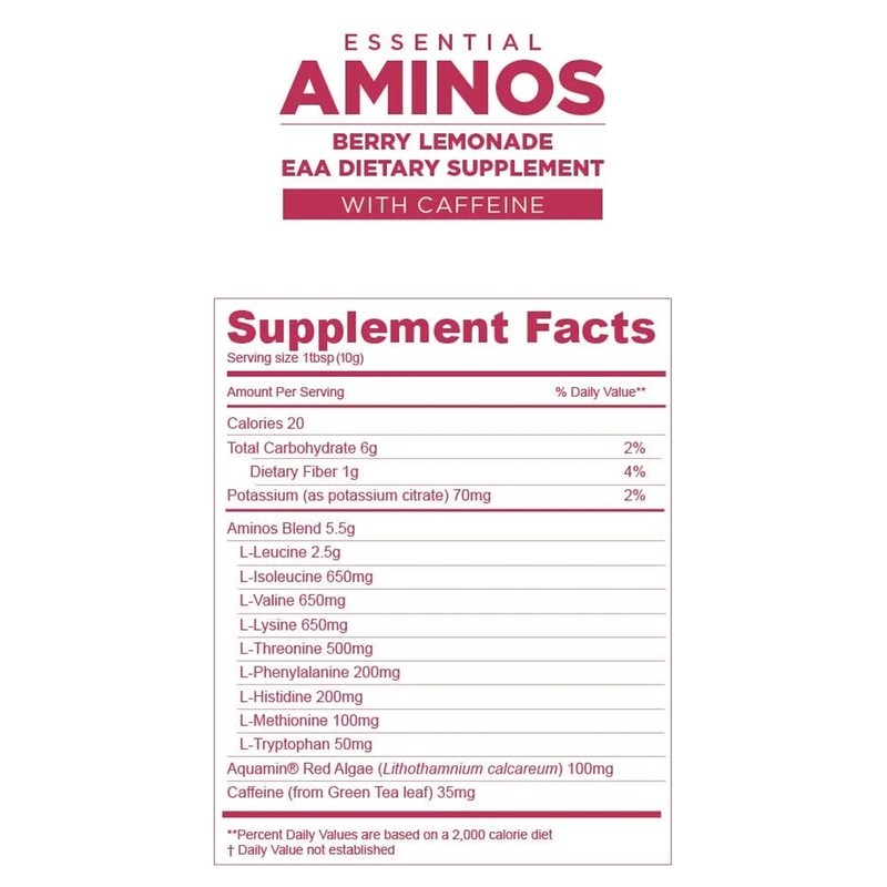 Essential Aminos (Single Serving), Gnarly Sports Nutrition Essential Aminos (Single Serving) Berry Lemonade + Caffeine nutrition facts