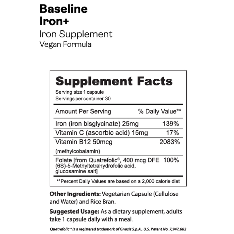 Baseline Iron+ (30 Capsules), Gnarly Sports Nutrition Baseline Iron+ (30 Capsules) nutrition facts
