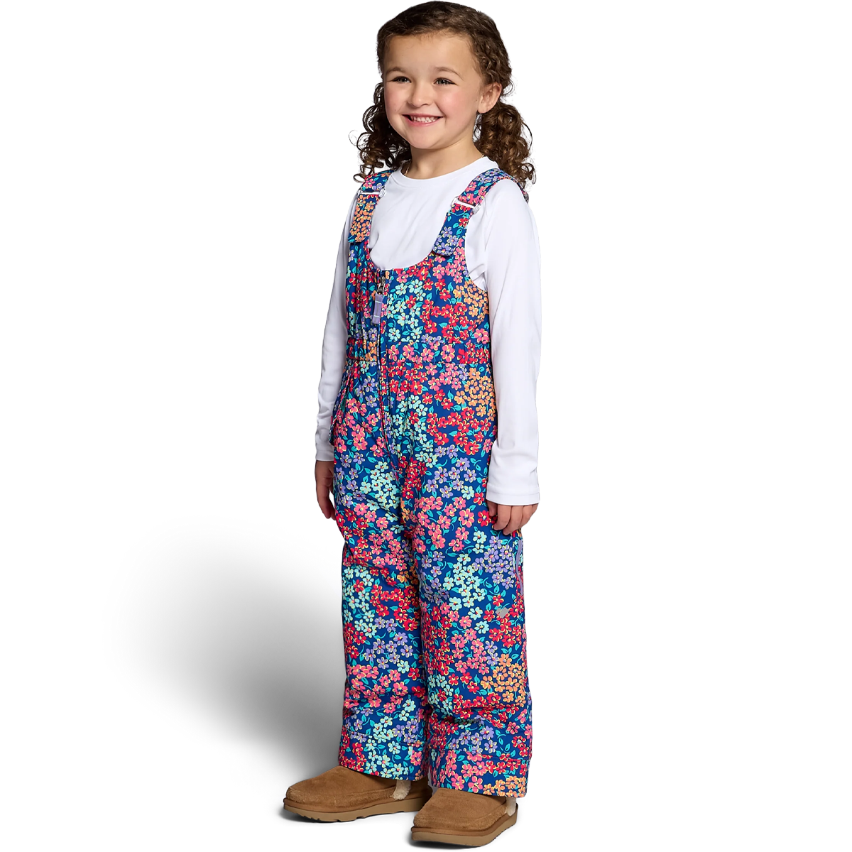 Obermeyer Youth Snoverall Print Bib Pant in Calico Mini angled on model