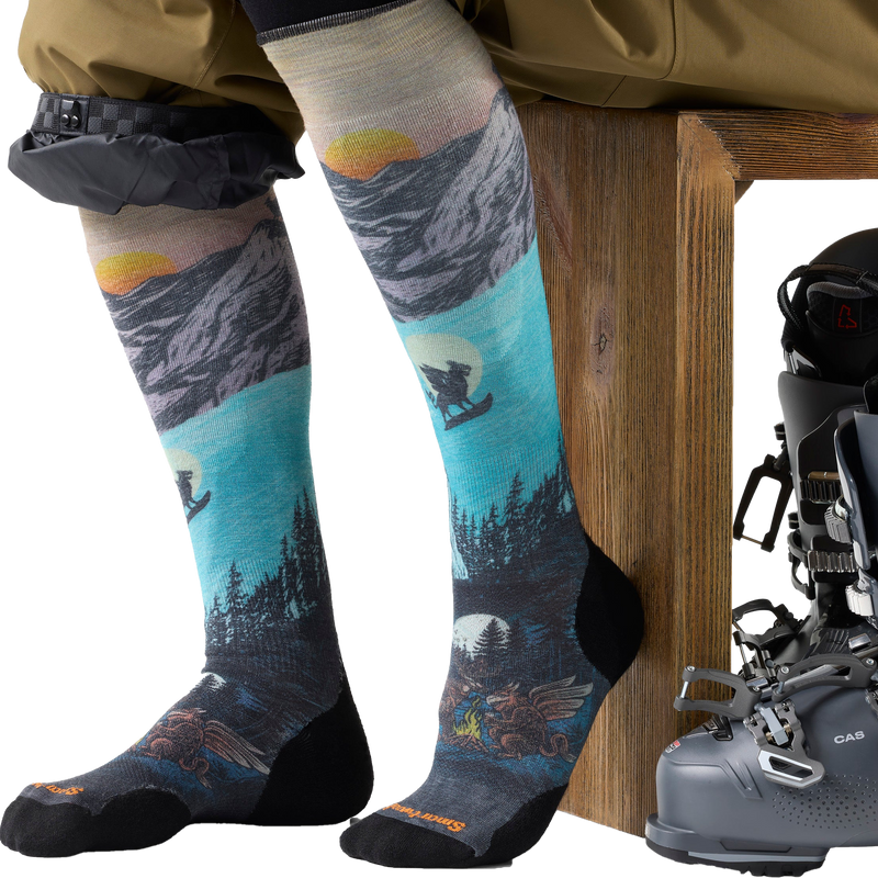 Ski Targeted Cushion Winter Phase Print OTC Socks, Smartwool Ski Targeted Cushion Winter Phase Print OTC Socks on model sitting on bench