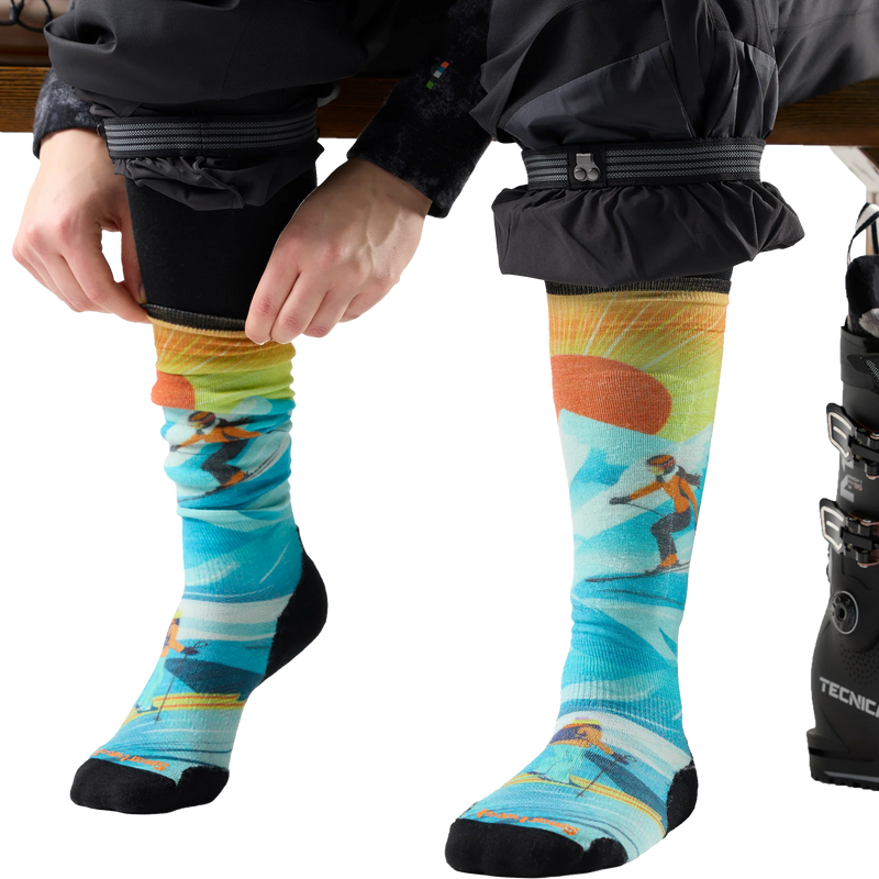 Women's Ski Targeted Cushion Steep Days Print OTC Socks, Smartwool Women's Ski Targeted Cushion Steep Days Print OTC Socks Model sitting wearing 